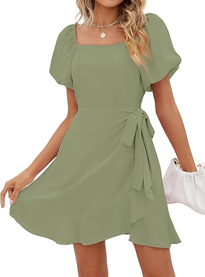 Womens Summer Dresses Square Neck Puff Sleeve Tie Waist Homecoming Dresses