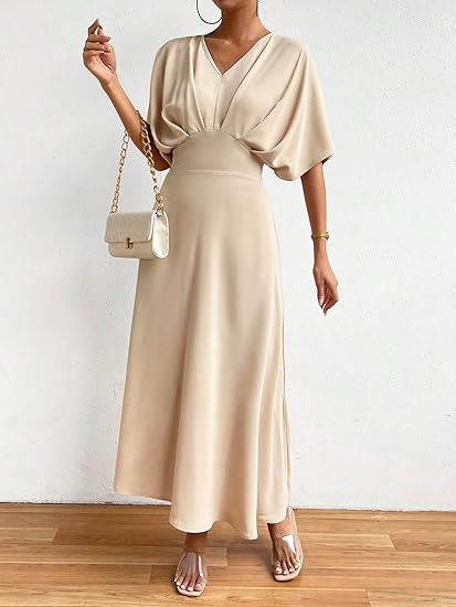 Women's V Neck Half Sleeve Ruched Cocktail Evening A Line Long Dress