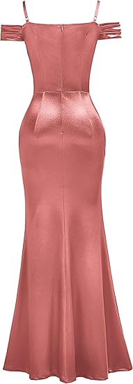 Women's Sexy Off Shoulder Satin High Split Ruched Style Evening Dress