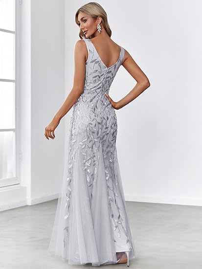 Women's Formal Dress Sequin Tulle Double V-Neck Sleeveless Mermaid Long Prom Dresses