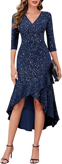 3/4 Sleeve Midi Evening Gown Prom Party Ruffle Hi Low Dress