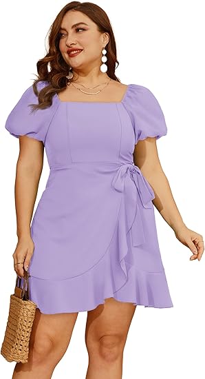 Womens Summer Dresses Square Neck Puff Sleeve Tie Waist  Homecoming Dresses