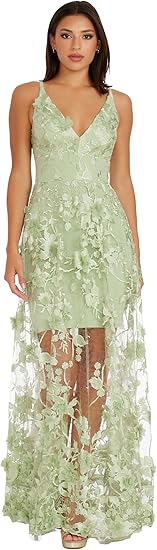 Women's Embellished Plunging Gown Sleeveless Floral Long  Evening Dress