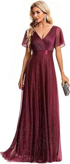 V Neck Short Sleeves A-line Glitter Full Of Charm Evening Dress
