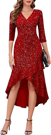 3/4 Sleeve Midi Evening Gown Prom Party Ruffle Hi Low Dress