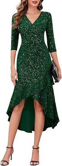 3/4 Sleeve Midi Evening Gown Prom Party Ruffle Hi Low Dress