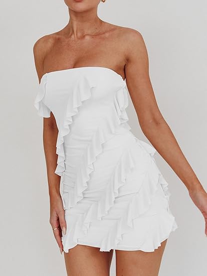 Women's Sexy Strapless Tube Top Bodycon Sleeveless Ruffle Mini Homecoming Dresses