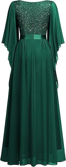 Women's Deep-V Neck Lace Contrast Sequin 3/4 Sleeve Formal Evening Dresses