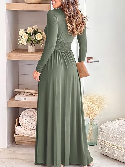Women Deep V Neck Long Sleeve Slit Full Of Charm Evening Dress