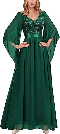 Women's Deep-V Neck Lace Contrast Sequin 3/4 Sleeve Formal Evening Dresses