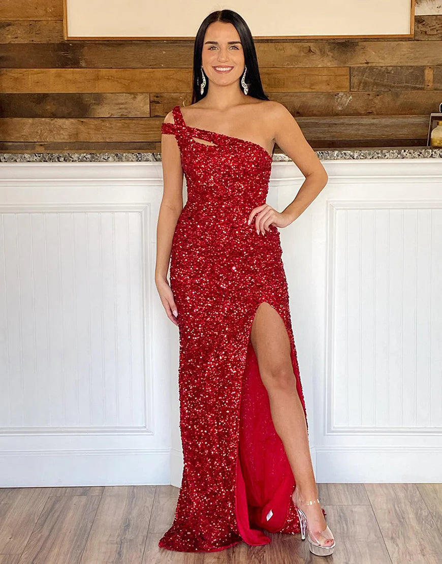 Sexy Glitter One-Shoulder Red Long Full Of Charm Evening Dresses