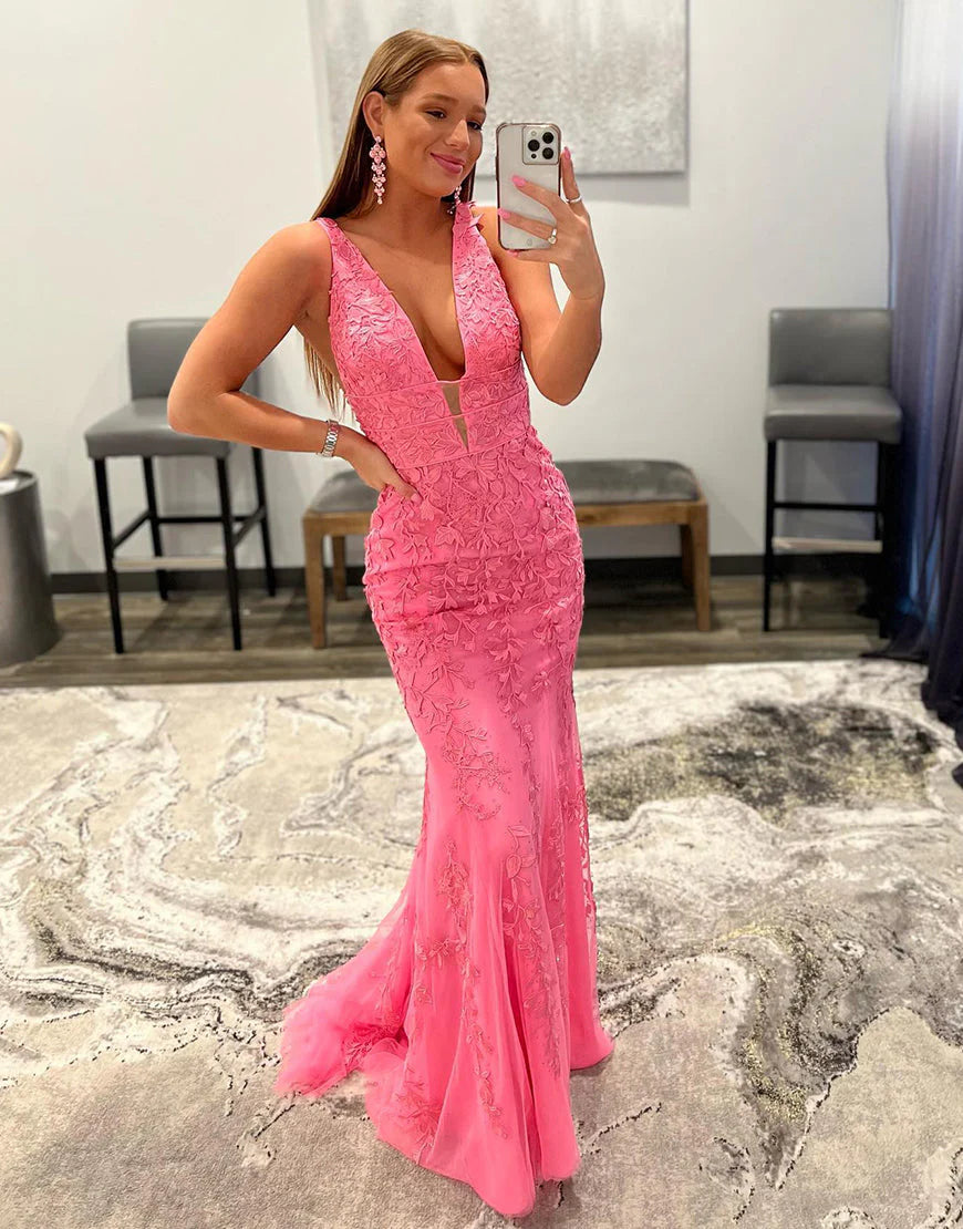 Sexy Mermaid V Neck Pink Full Of Charm Prom Dress