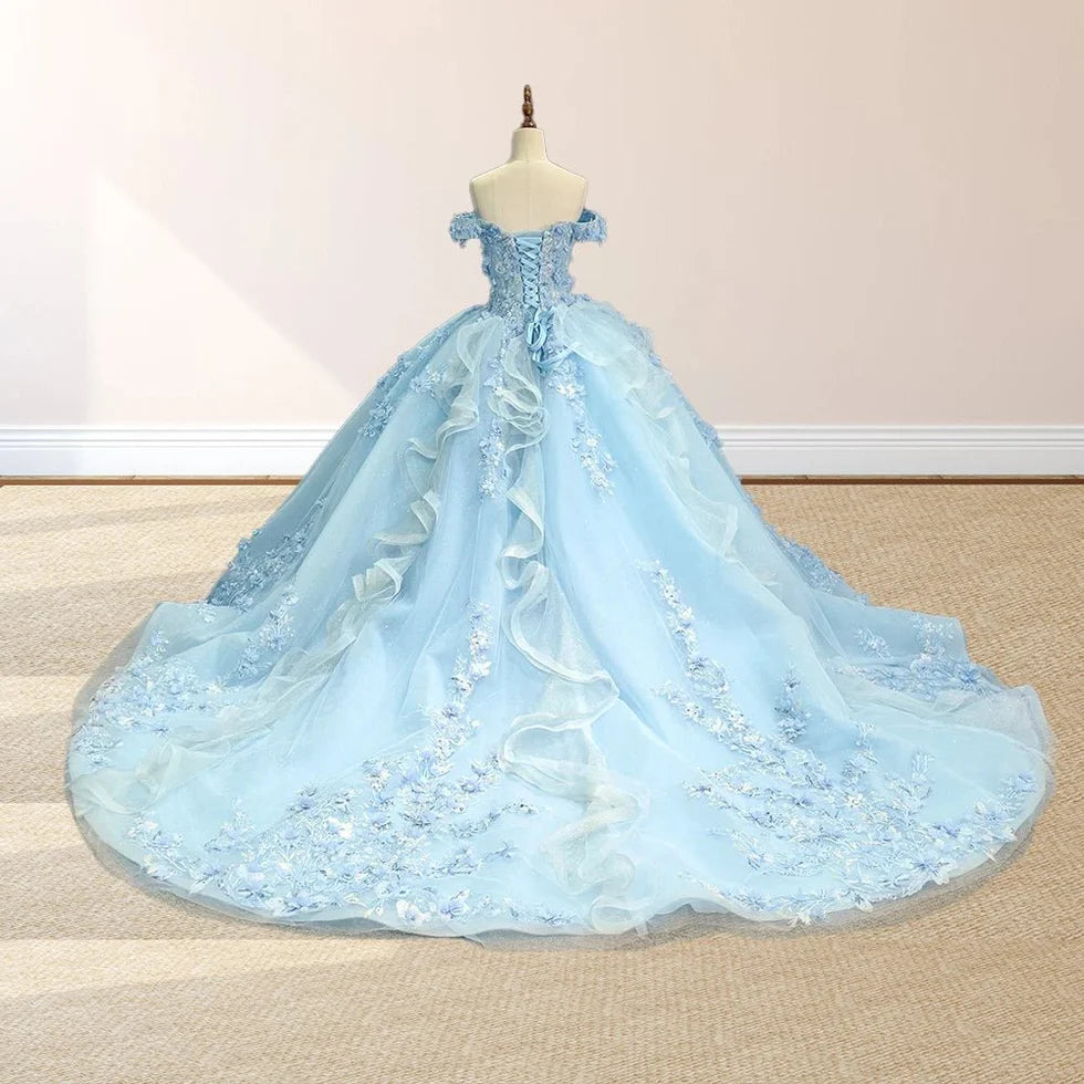 Sky Blue Lace Princess Appliqued Sky Blue Lace Princess Appliqued Wedding Dresses