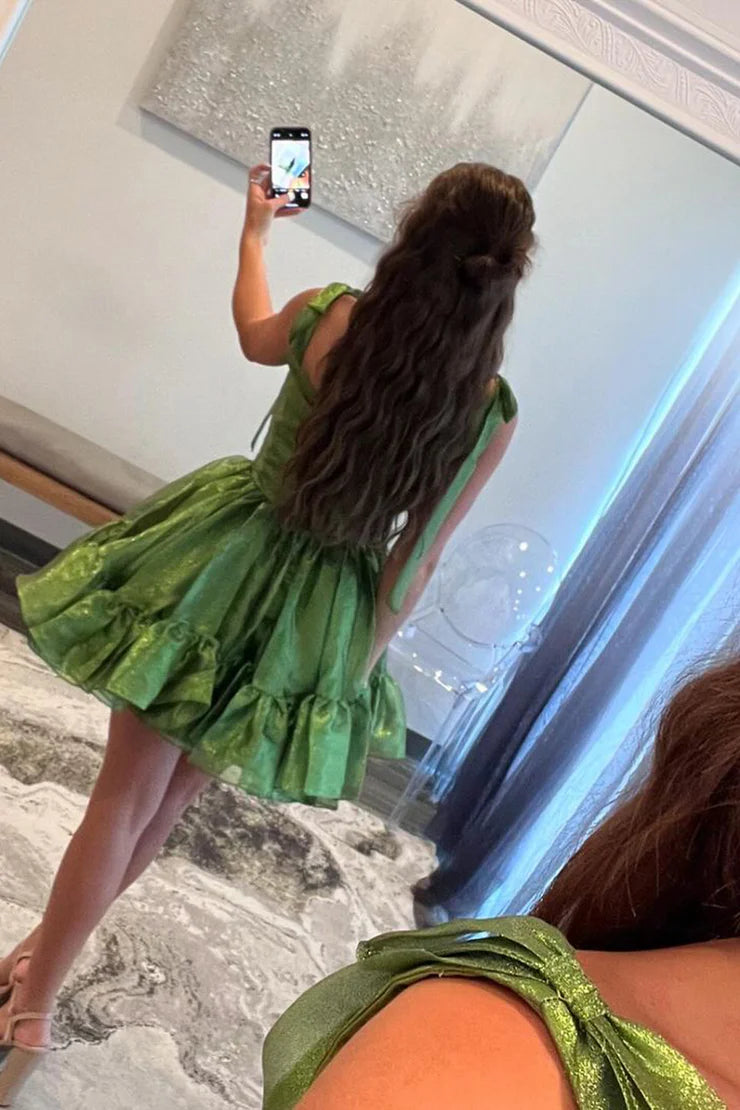 Cute A-Line Straps Sage Green Ruffle Satin Short Homecoming Dresse