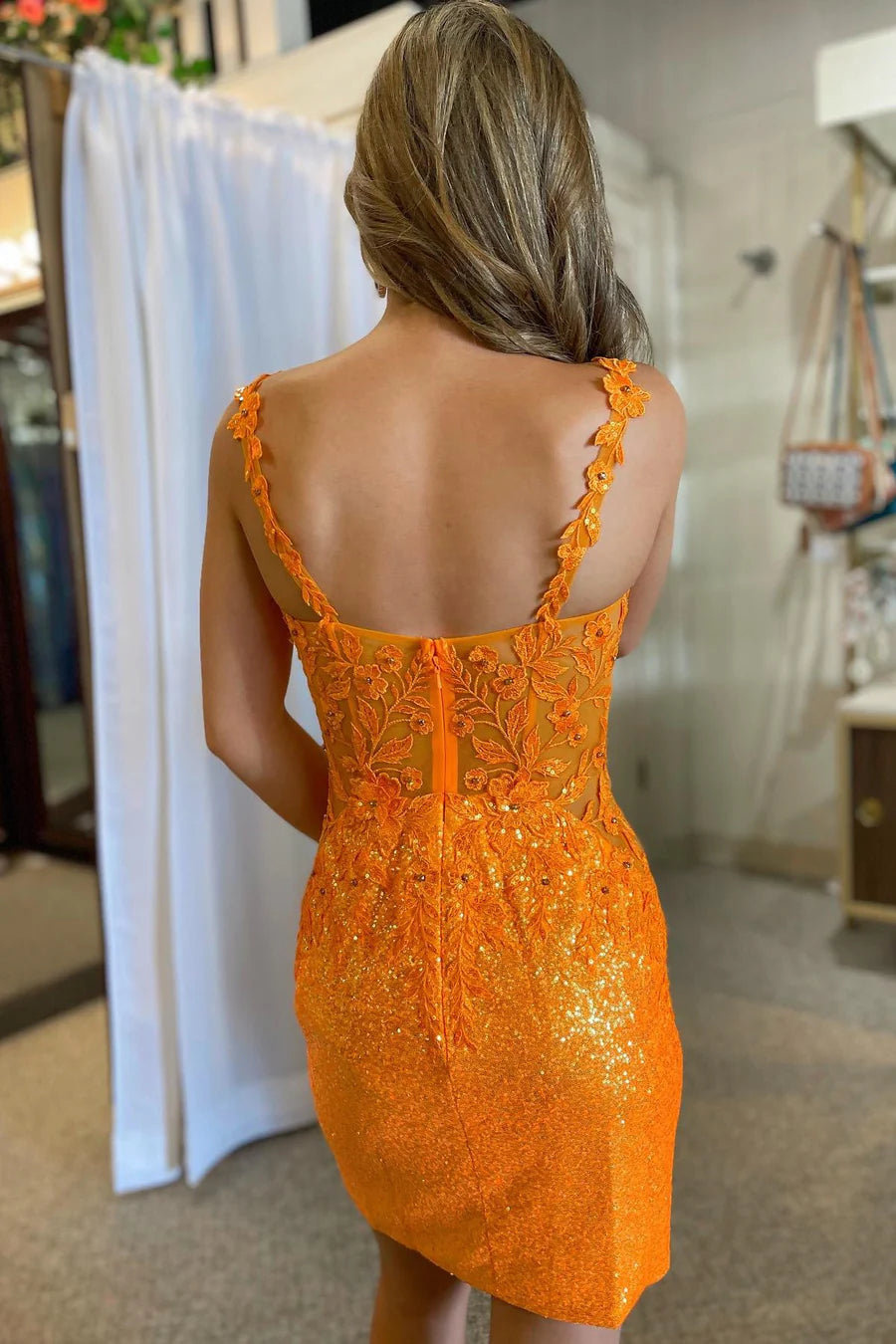 Orange Sequin Plunge V Short Gown Retract Your Waist Homecoming Dress
