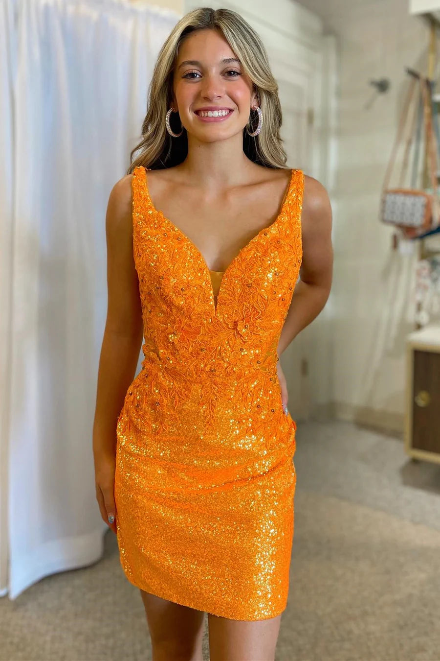 Orange Sequin Plunge V Short Gown Retract Your Waist Homecoming Dress