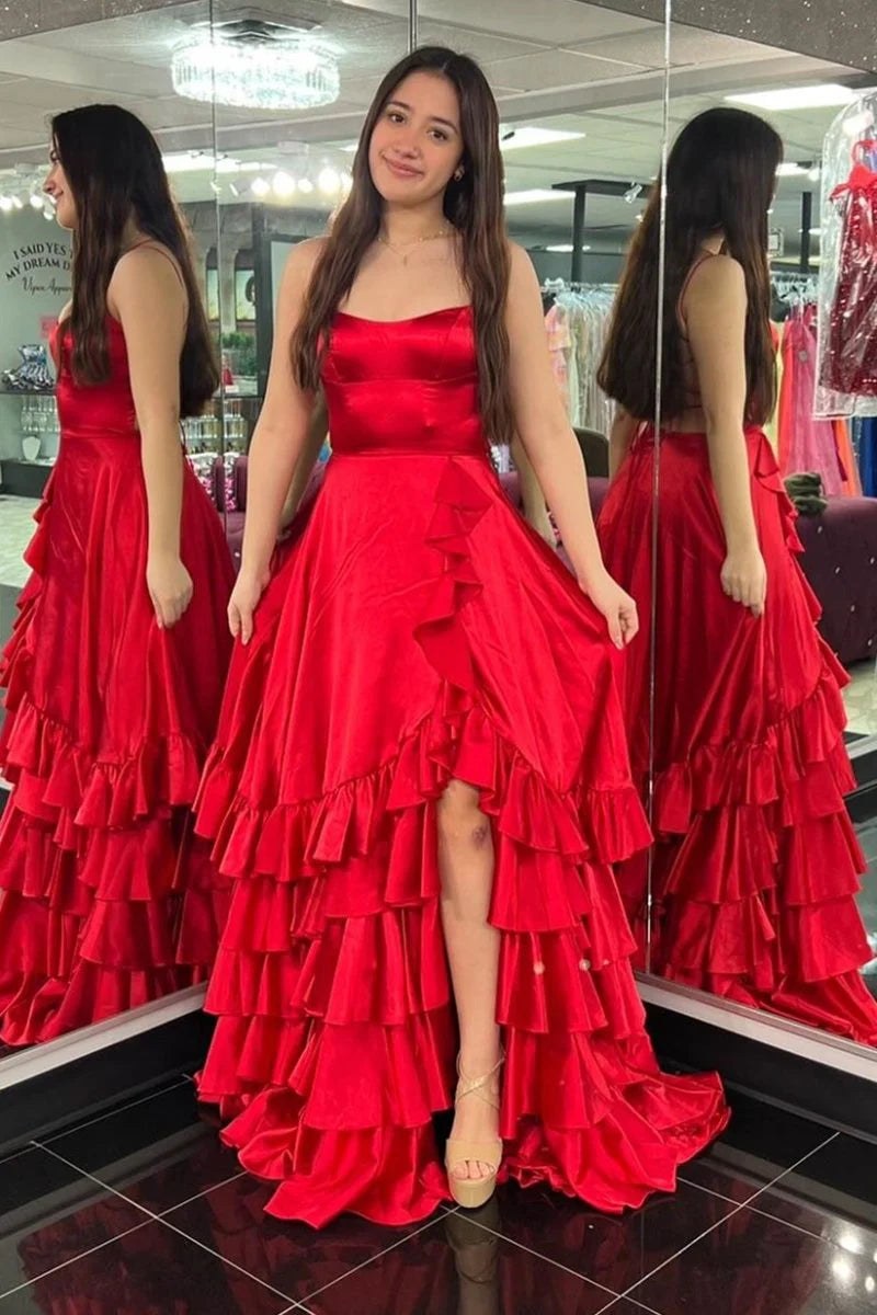 Scoop Neck A Line Lace-Up Ruffle Tiered Red Prom Dress