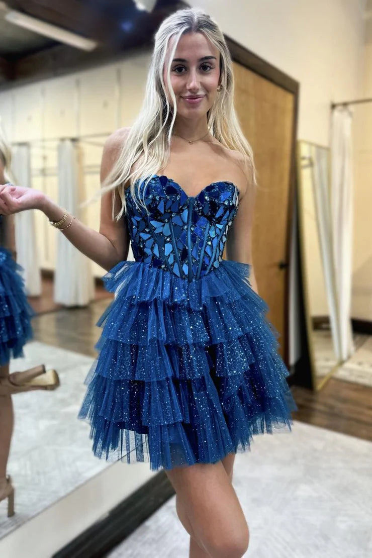 Cute A-Line Sweetheart Blue Mirror-Cuts Glitter Tulle Homecoming Dresses