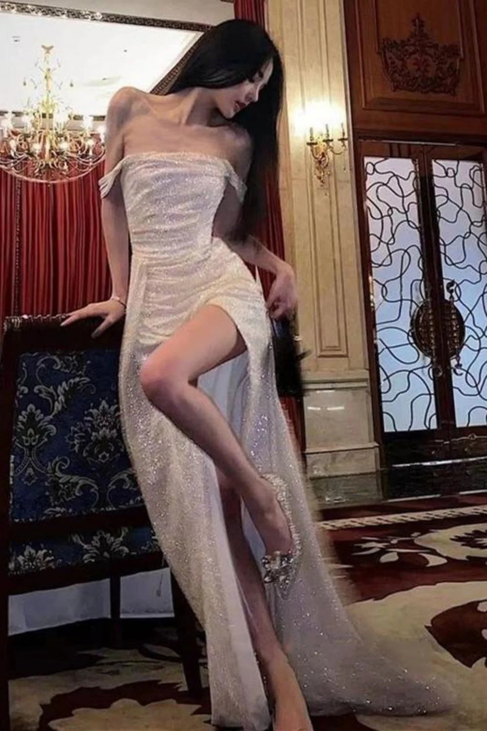 Elegant Mermaid Off the Shoulder Silver Sequins Long Prom Dress