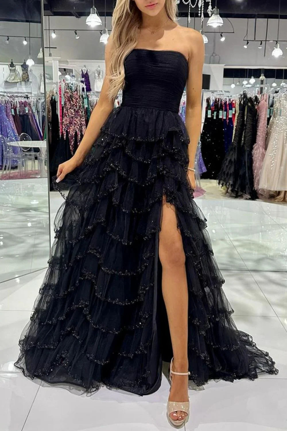 Princess A Line Strapless Black Long Unique Design Prom Dress