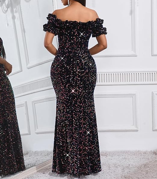 Sexy Sequin Off Shoulder Ruffle Short Sleeve Bodycon Full Of Charm Evening Dresses