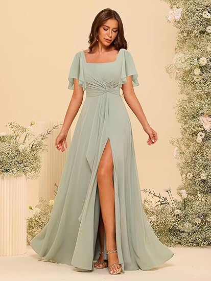 2025 Short Sleeves Pleated Aline Formal Evening Dresses