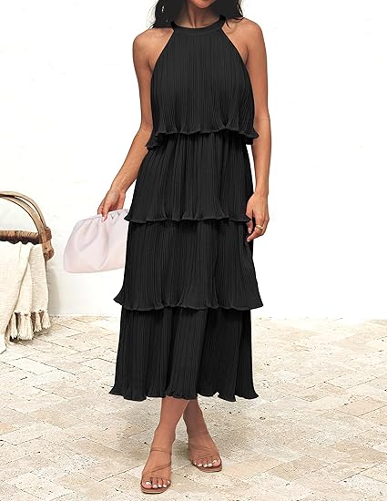 Sleeveless Halter Neck Ruffle Tiered Layed Chiffon Flowy Swing Long Evening Dress