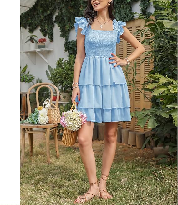 Womens Square Neck Sleeveless Ruffle Homecoming Dresses