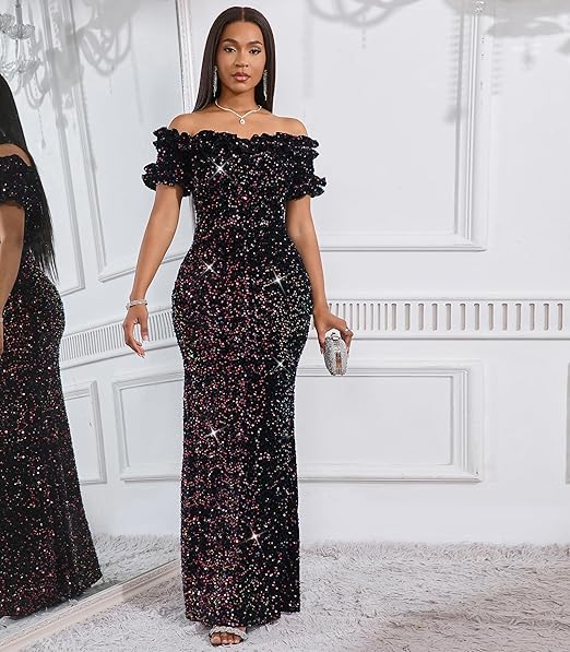 Sexy Sequin Off Shoulder Ruffle Short Sleeve Bodycon Full Of Charm Evening Dresses