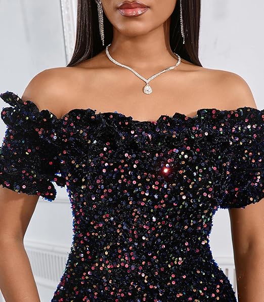 Sexy Sequin Off Shoulder Ruffle Short Sleeve Bodycon Full Of Charm Evening Dresses