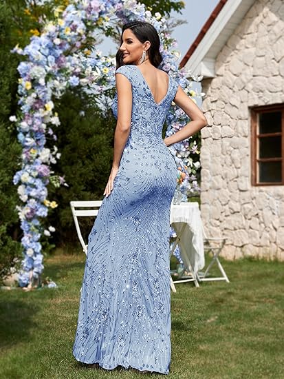 Womens Sequined Long Evening Gown Glamous Sleeveless V-Neck Mermaid Prom Dress