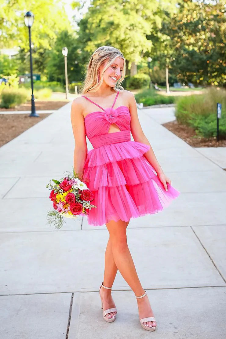 Cute A Line Straps Pink Tulle Short Unique Design Homecoming Dress