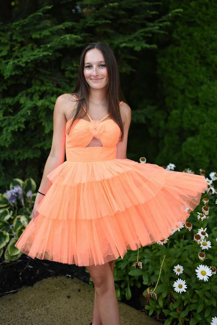 Cute A Line Straps Orange Tulle Short Homecoming Dresses