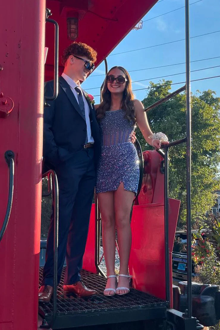 Cute Bodycon Scoop Neck Dark Blue Sequins Short Full Of Charm Homecoming Dress