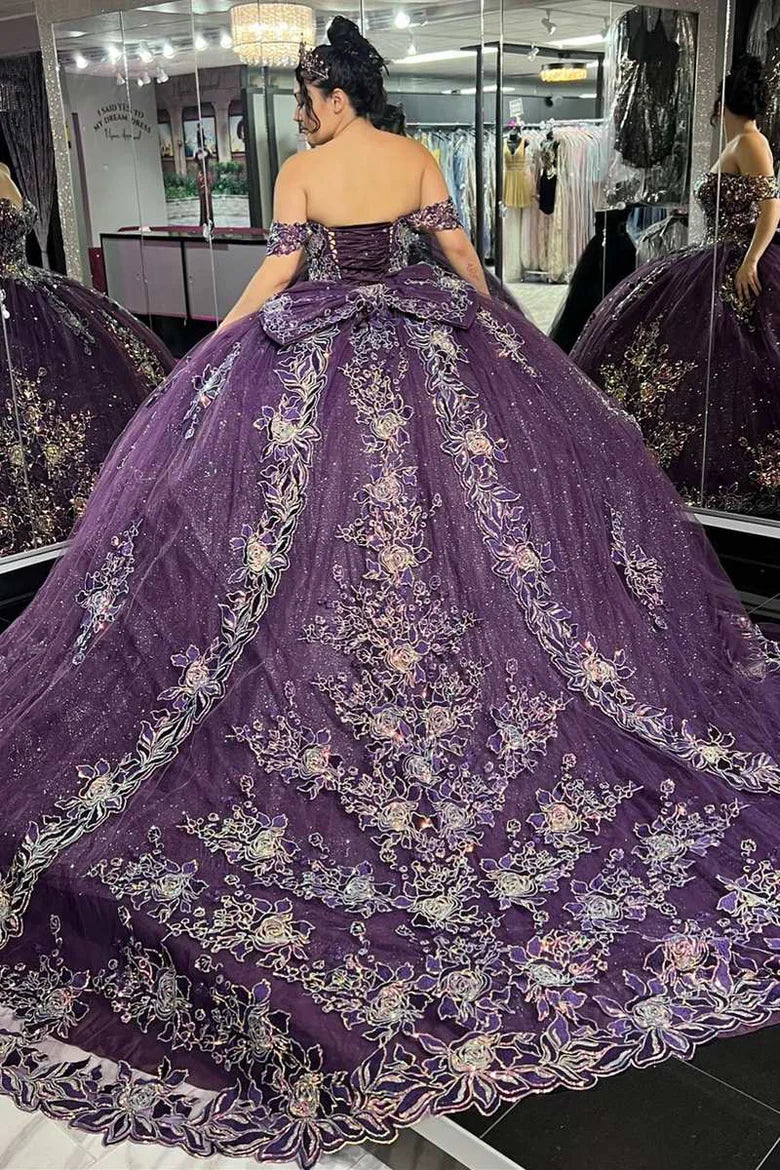 Glamorous Purple Floral Lace Off-the-Shoulder Quinceanera Gown