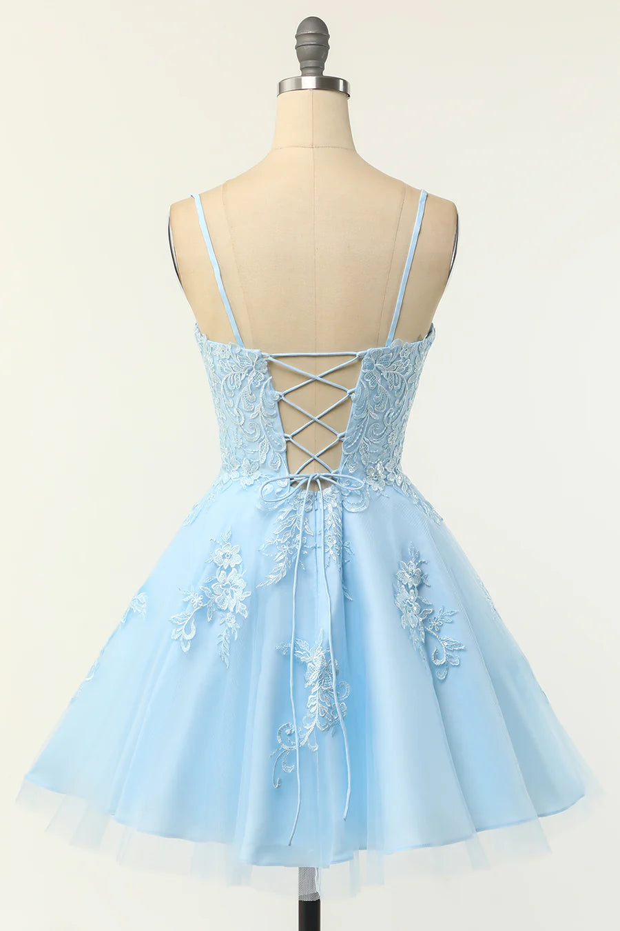 Light Blue Floral Lace A-Line Short Party Dress with Spaghetti Straps