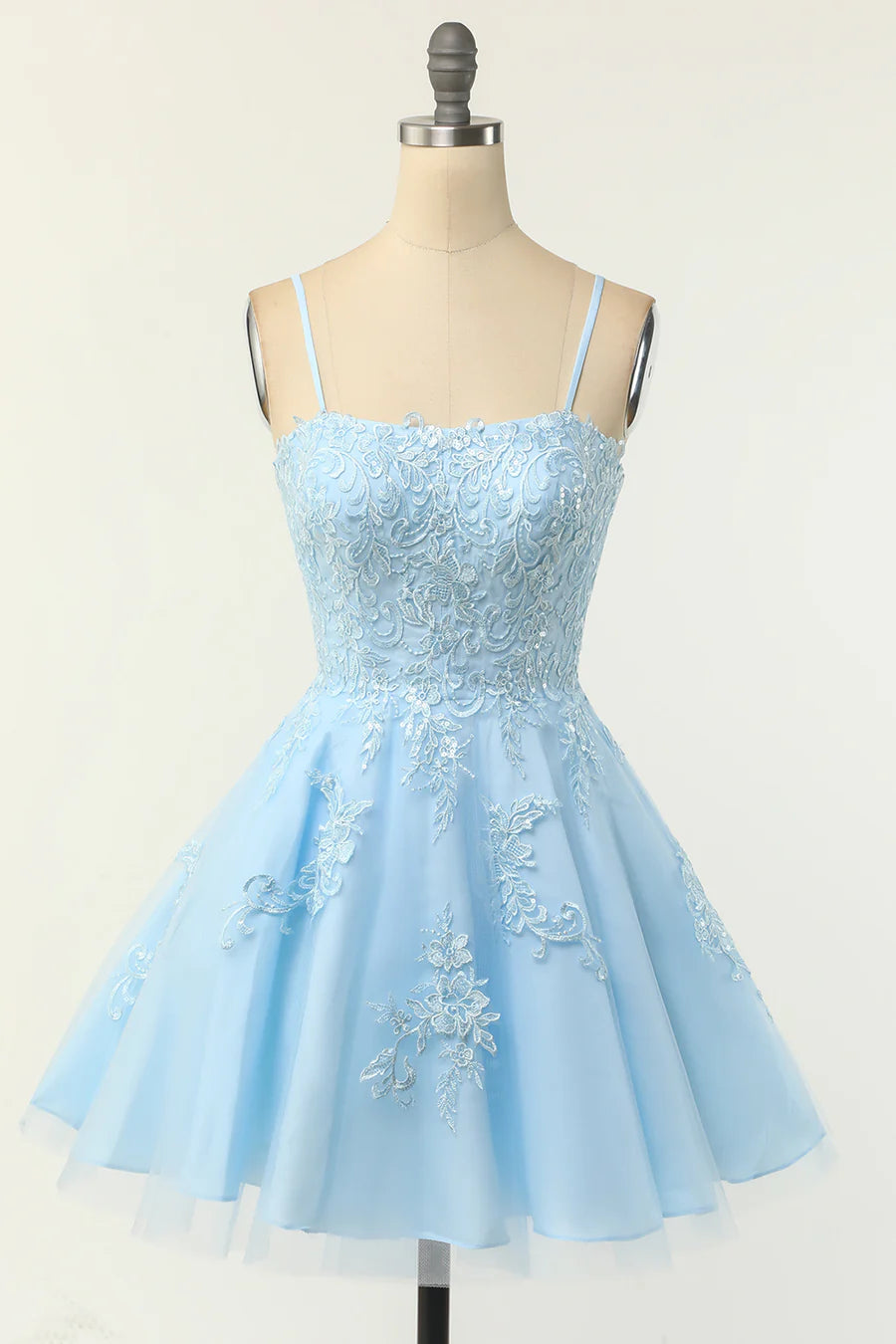 Light Blue Floral Lace A-Line Short Party Dress with Spaghetti Straps