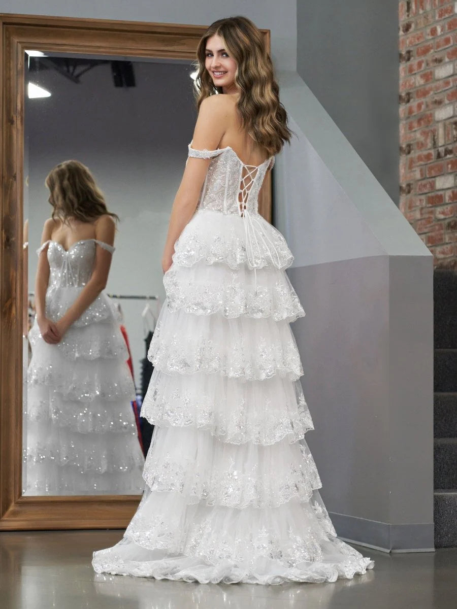 A-Line Lace Off-the-Shoulder Tiered Long Full of charm Prom Dress