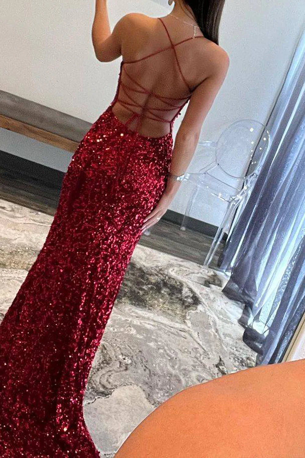 Sparkly Mermaid Spaghetti Straps Navy Sequins Long Full Of Charm Prom Dress