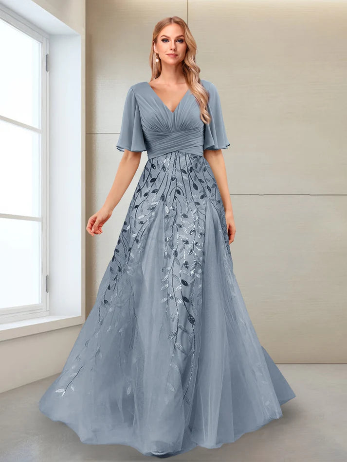 A-Line V-Neck Half Sleeves Split Side Mother of the Bride Dresses
