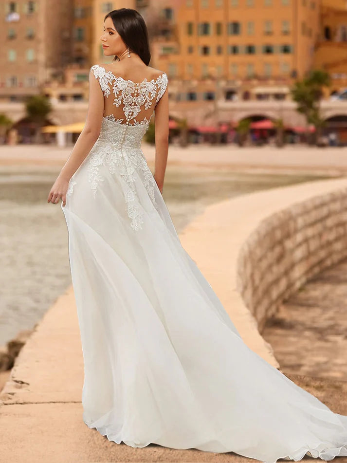 A-Line/Princess V-Neck Sleeveless Lace Retract Your Waist Wedding Dresses