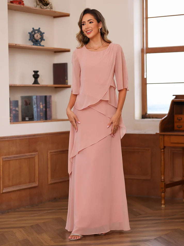 Princess Scoop Short Sleeves Tiered Chiffon Mother of the Bride Dresses