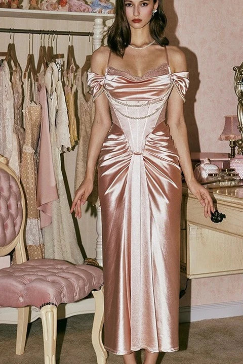 Retro Style Mermaid Off the Shoulder Pink Long Party Dress