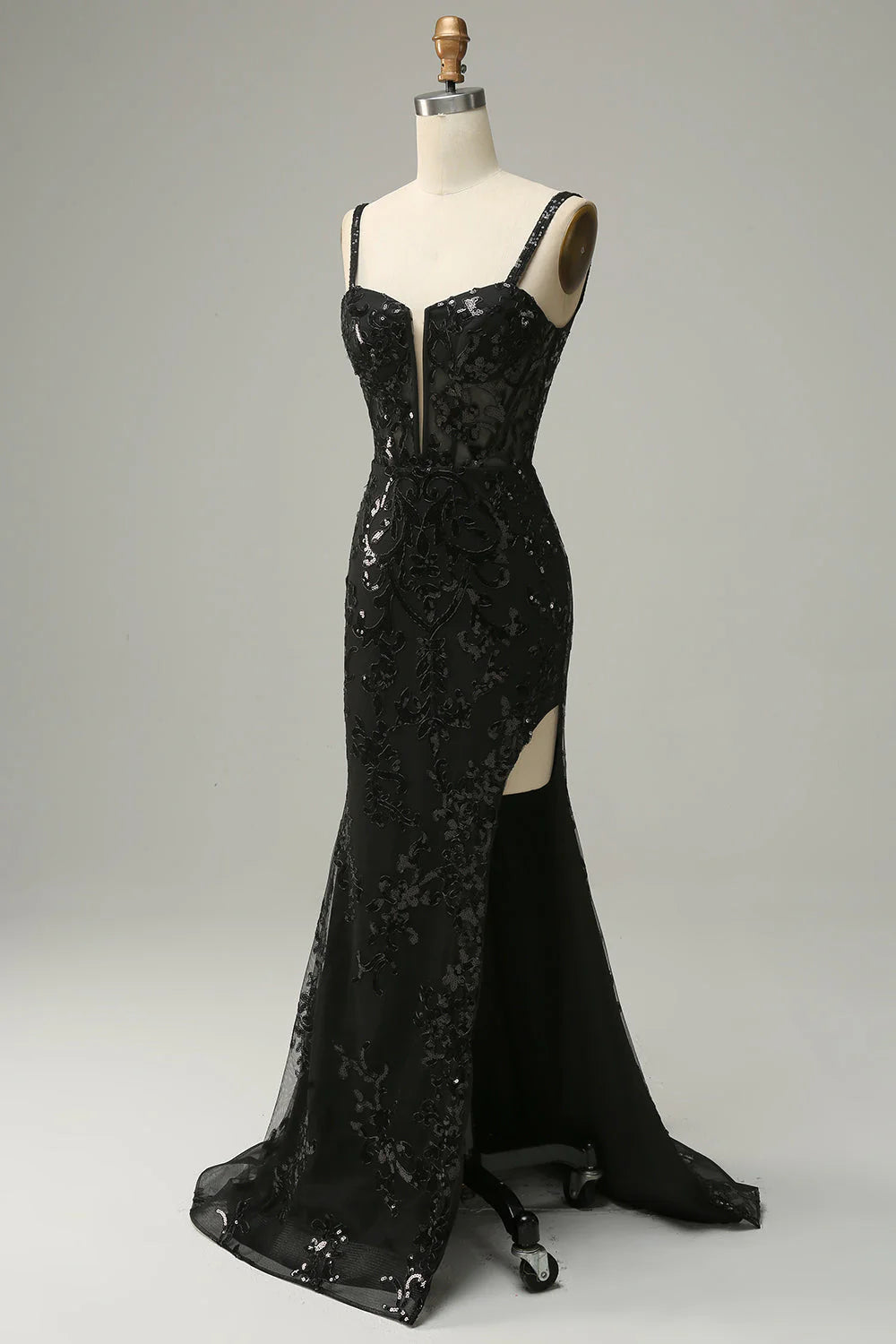 Black Mermaid Spaghetti Straps Sequins Long Prom Dress with Split Front