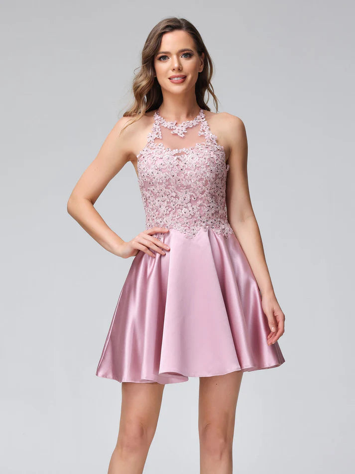 A-Line High Neck Sleeveless Satin Short Lace Homecoming Dresses