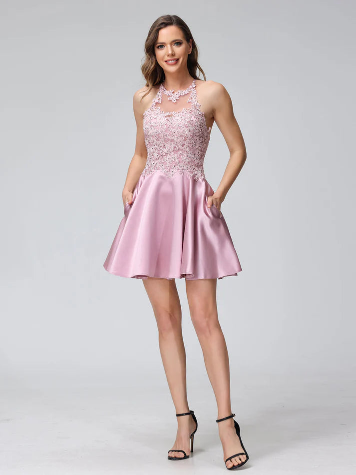 A-Line High Neck Sleeveless Satin Short Lace Homecoming Dresses