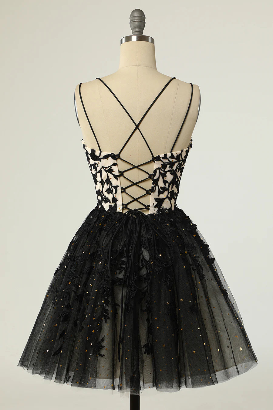 Black Tulle Floral Lace A-Line Short Unique Design Homecoming Dress
