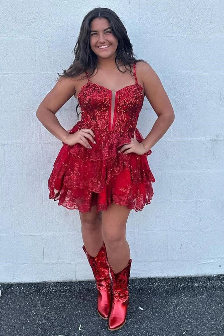 Lavender Tulle Sequin Lace-Up Tiered Homecoming Dresse