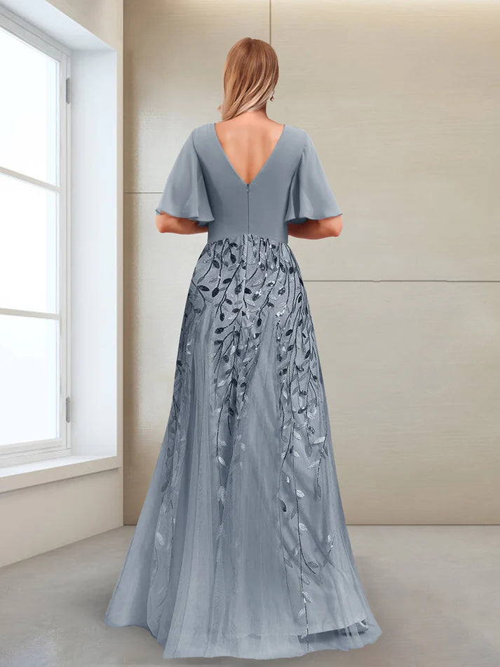 A-Line V-Neck Half Sleeves Split Side Mother of the Bride Dresses