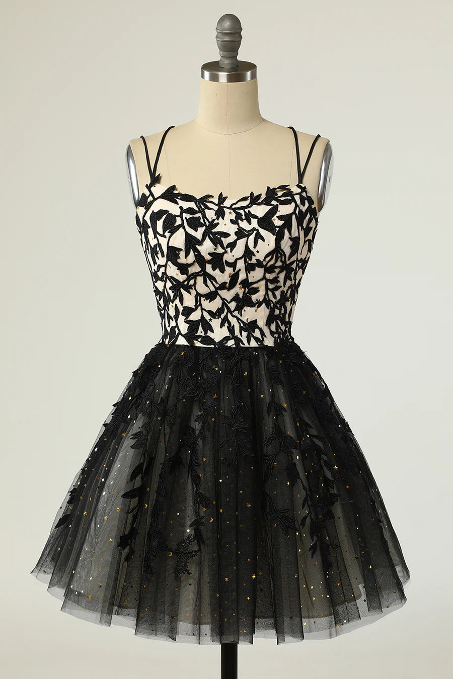 Black Tulle Floral Lace A-Line Short Unique Design Homecoming Dress